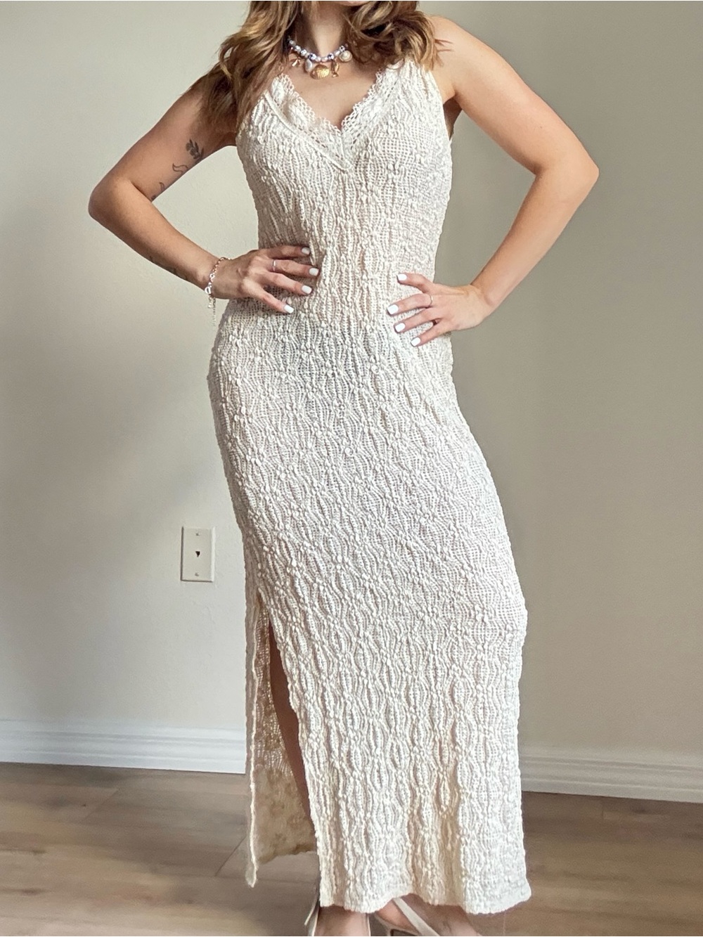 Textured Cream V-Neck Midi Dress with Side Slit